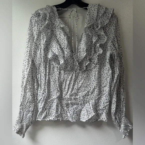 Anthropologie Hutch White Blue Open Back Smoke Ruffled Blouse - Picture 6 of 11